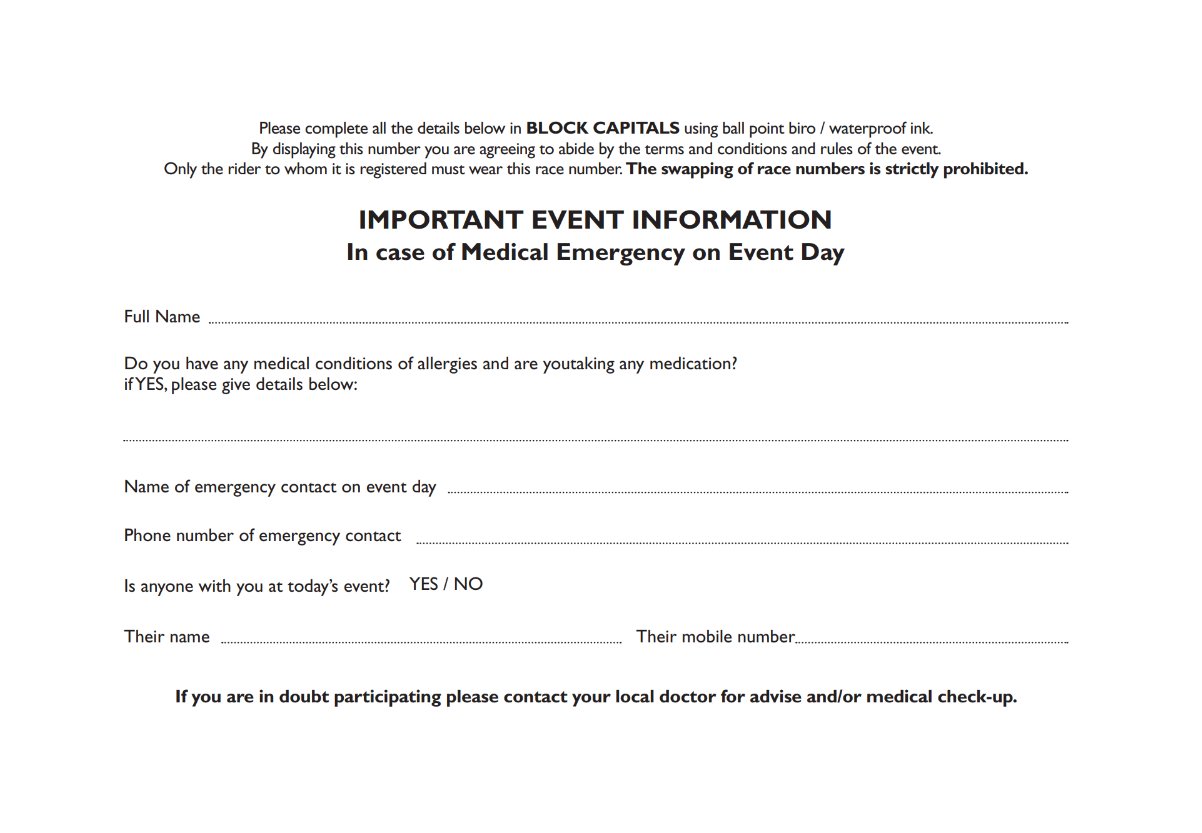 Reverse of race bib showing important event information form including emergency contact, medical conditions, and bib number